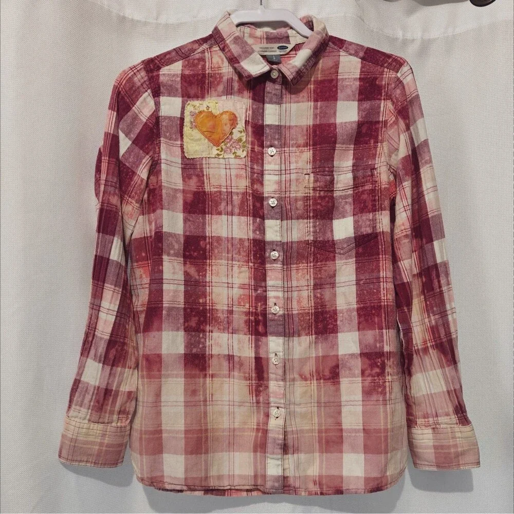 Upcycled Shabby Patchwork Flannel Shirt L Flower Festival Artsy Boho Hippie - Picture 3 of 11